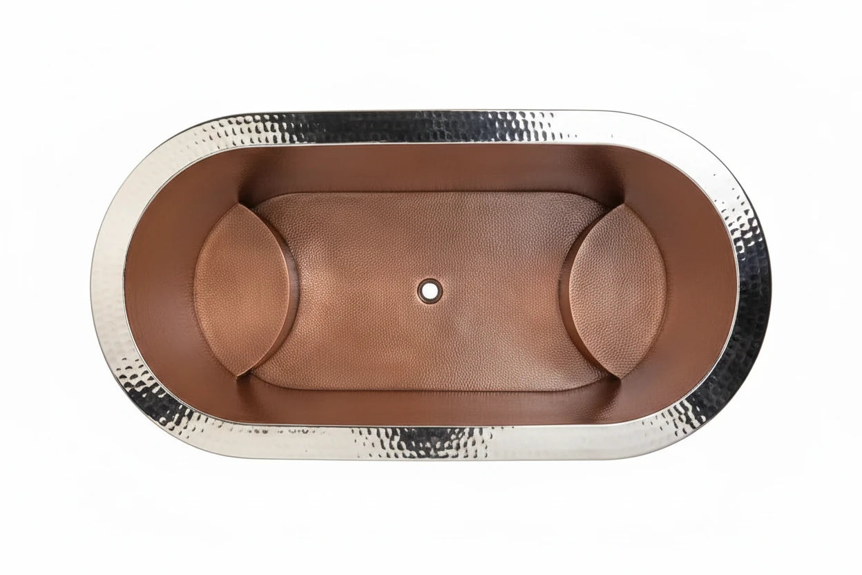 Nickel/Antique Copper Hammered Double Wall Oval Copper Japanese Soaking Tub (2 SEATS)