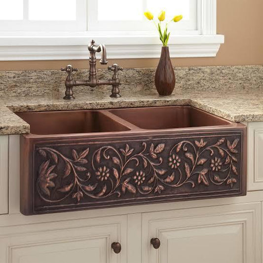 Copper Country Double Butler / Copper Floral Double Bowl Sink