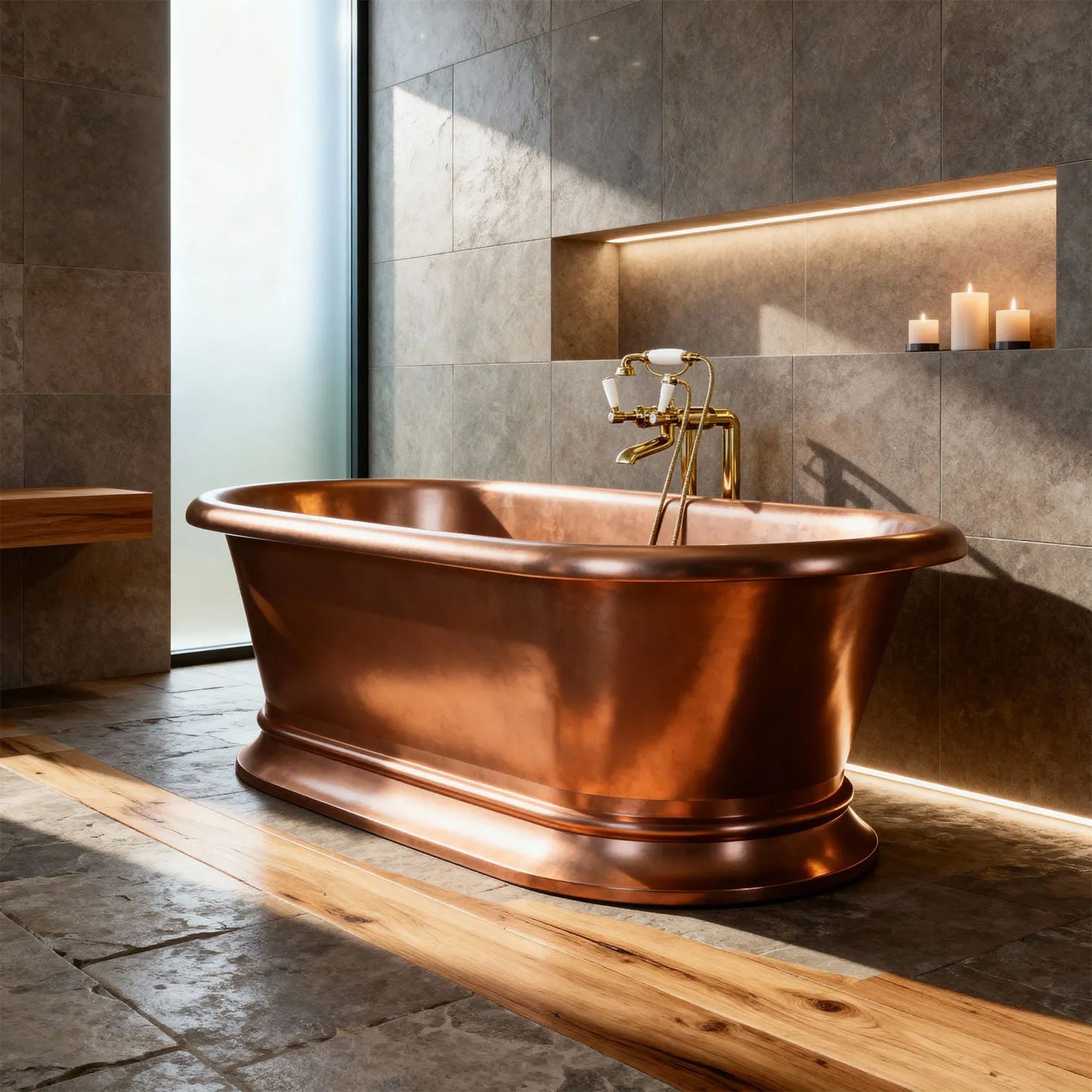 Pedestal Antique Copper Low Lying Bath (Plain or Hammered)