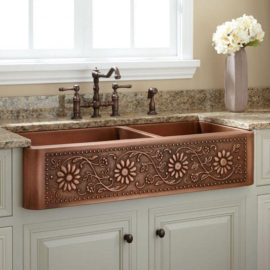 Copper Sunflower Offset Double Sink