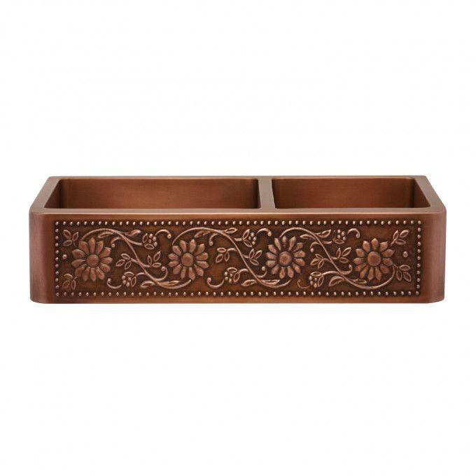 Copper Sunflower Offset Double Sink