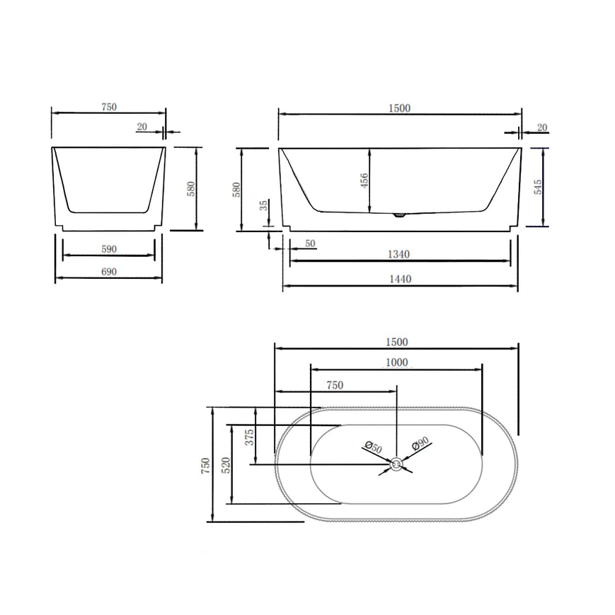 Oval Bathtub Freestanding Acrylic Gloss White