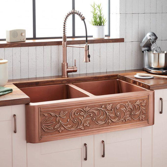 Copper Country Double Butler / Copper Floral Double Bowl Sink